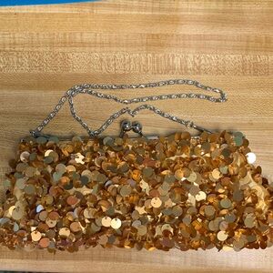 Y2K Era Fancy Gold Sequin & Beaded Evening Clutch with Silver Toned Chain Strap